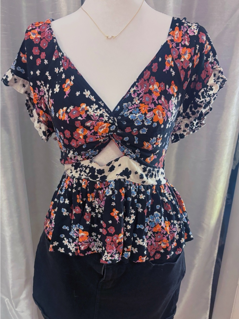 Angie Black Floral Tie-Front Peplum Crop Top